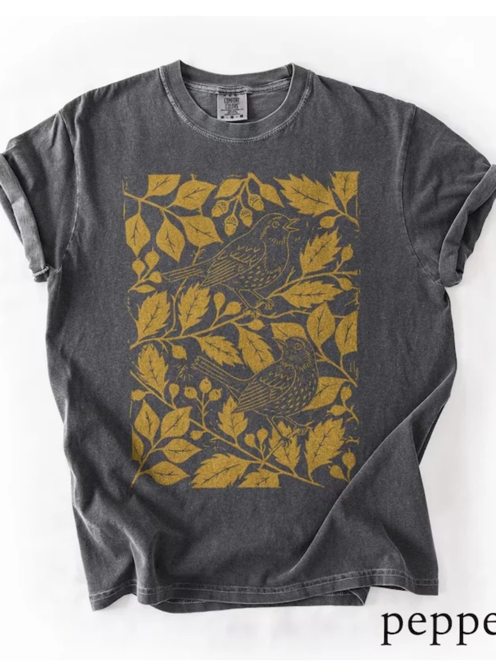 Comfort Colors Peeper Tee with Gold Bird & Leaf Print